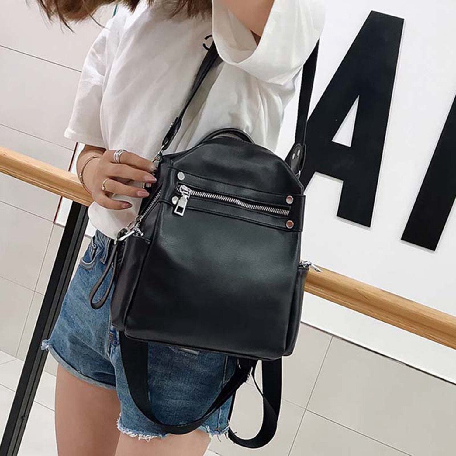Soft Leather Backpack Ladies Multi-Function Shoulder Bag Teenage Girl School Bag Female Solid Travel Bag - ebowsos