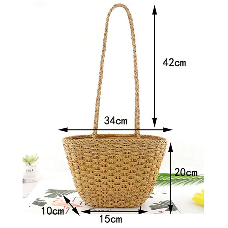 Solid Color Retro Straw Bag Shoulder Woven Bag Casual Handbag Beach Bag - ebowsos