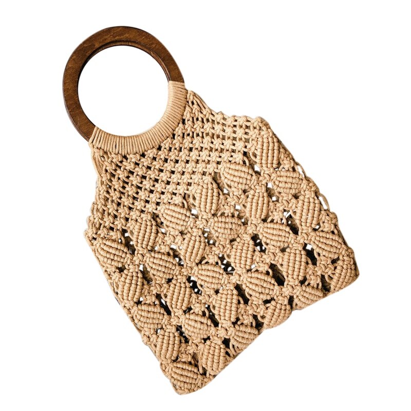 Spring Summer Woman Plaited Knitting Hollow Out Double Wood Circle Handles Basket Handbag - ebowsos