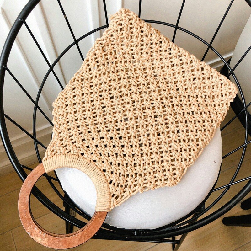 Spring Summer Woman Plaited Knitting Hollow Out Double Wood Circle Handles Basket Handbag - ebowsos