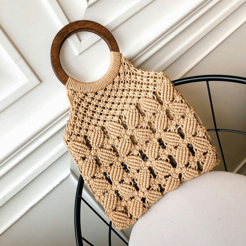 Spring Summer Woman Plaited Knitting Hollow Out Double Wood Circle Handles Basket Handbag - ebowsos