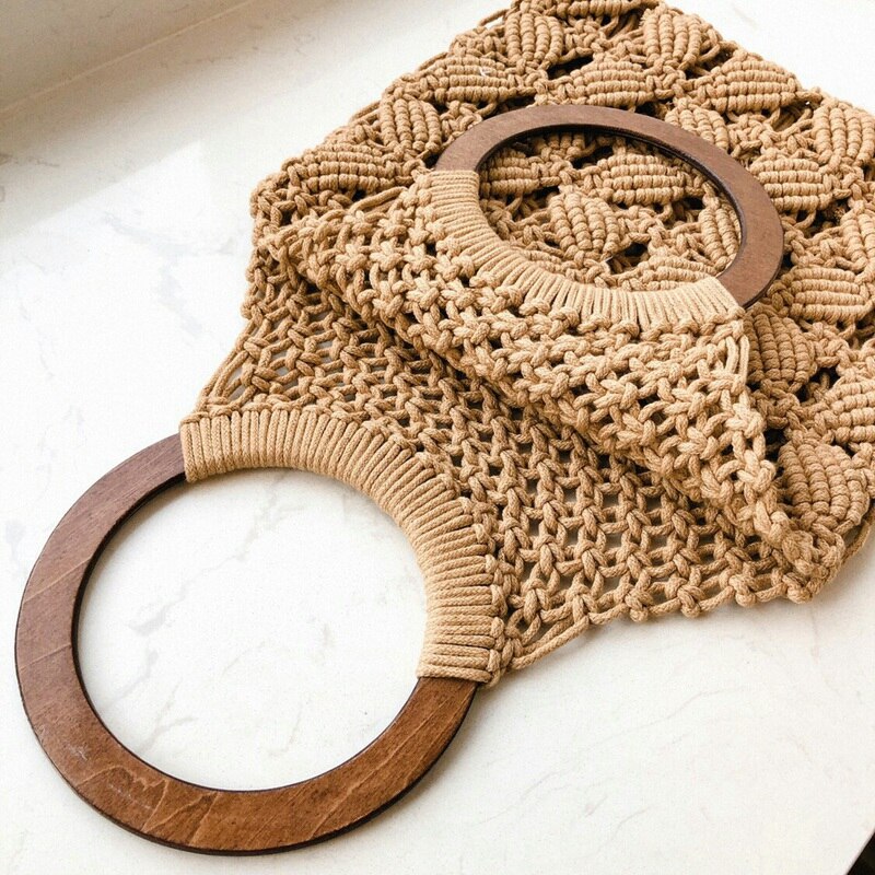 Spring Summer Woman Plaited Knitting Hollow Out Double Wood Circle Handles Basket Handbag - ebowsos