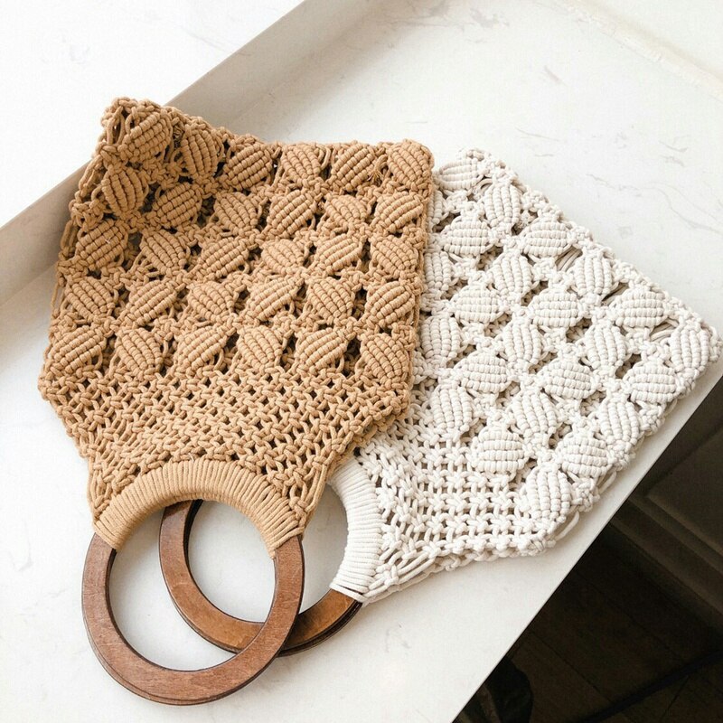 Spring Summer Woman Plaited Knitting Hollow Out Double Wood Circle Handles Basket Handbag - ebowsos