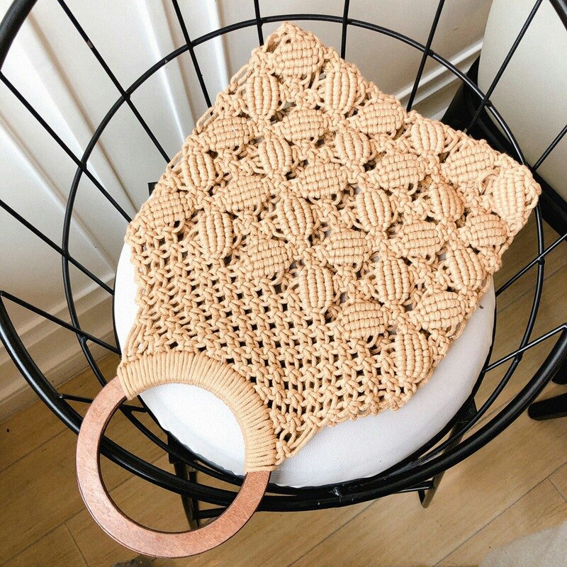 Spring Summer Woman Plaited Knitting Hollow Out Double Wood Circle Handles Basket Handbag - ebowsos