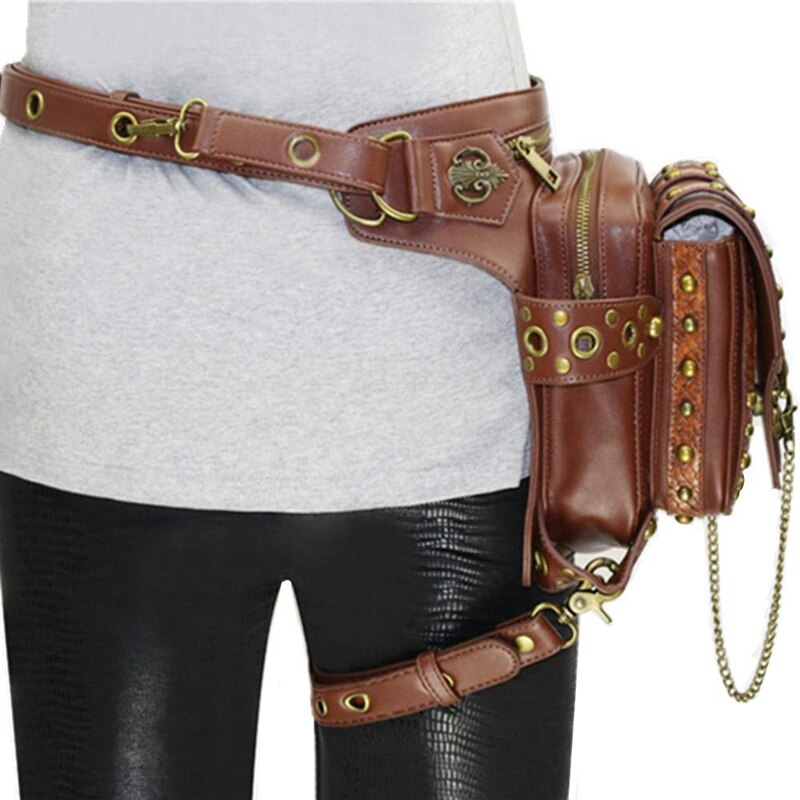 Steampunk Waist Bags Pu Leather Gothic Bag Men And Women Hiking Fanny Pack Mini Travel Pockets - ebowsos