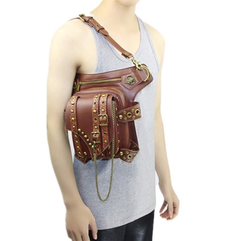 Steampunk Waist Bags Pu Leather Gothic Bag Men And Women Hiking Fanny Pack Mini Travel Pockets - ebowsos