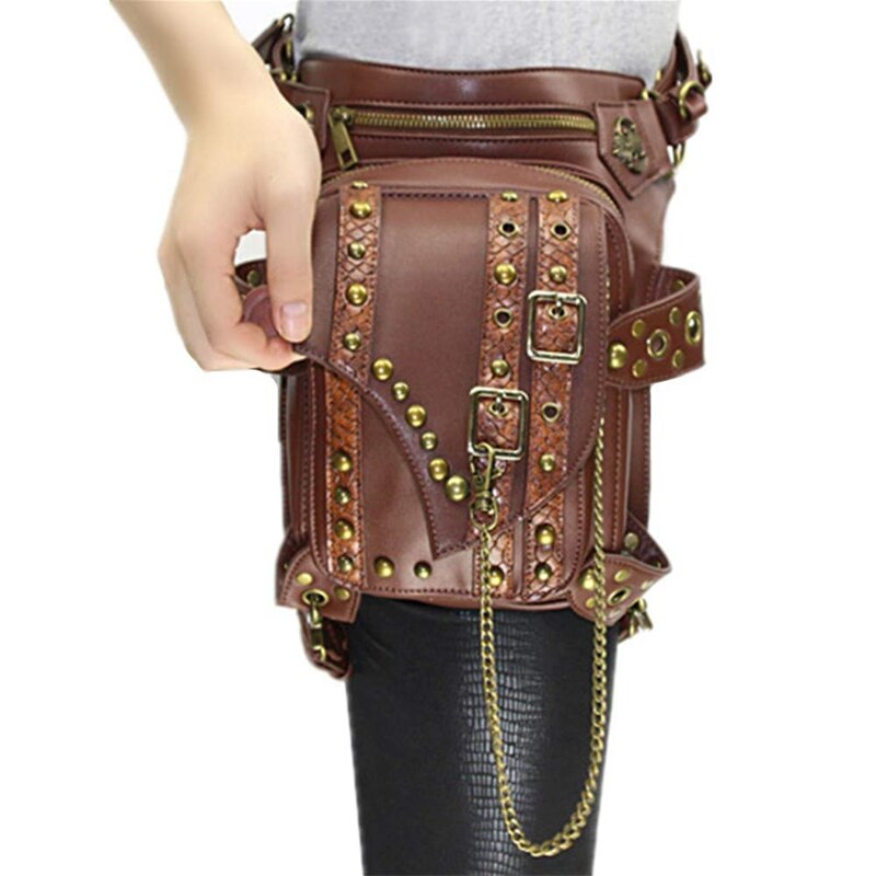 Steampunk Waist Bags Pu Leather Gothic Bag Men And Women Hiking Fanny Pack Mini Travel Pockets - ebowsos