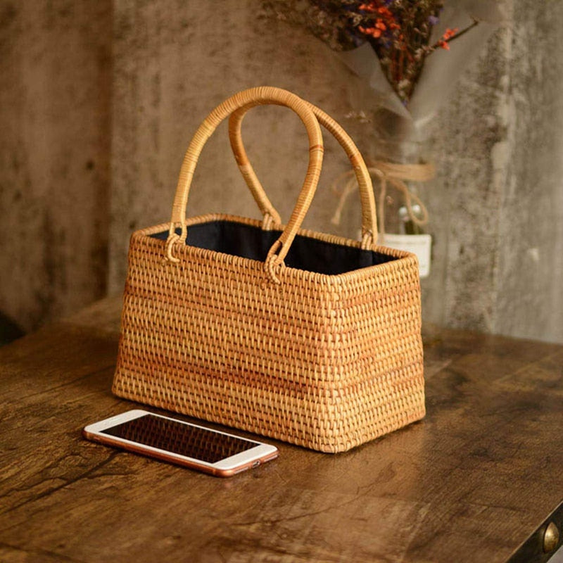 Storage Basket Fashion Women Handmade Rattan Storage Basket Bamboo Bag Travel Holder Organizer Handbags - ebowsos