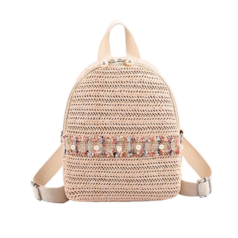 Straw Backpack Trendy Fashion Anti-Theft Small Backpack Women Fashion Mini Shoulder Bags Female Pearl - ebowsos