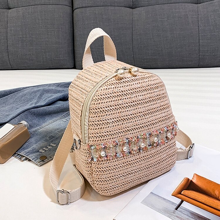 Straw Backpack Trendy Fashion Anti-Theft Small Backpack Women Fashion Mini Shoulder Bags Female Pearl - ebowsos