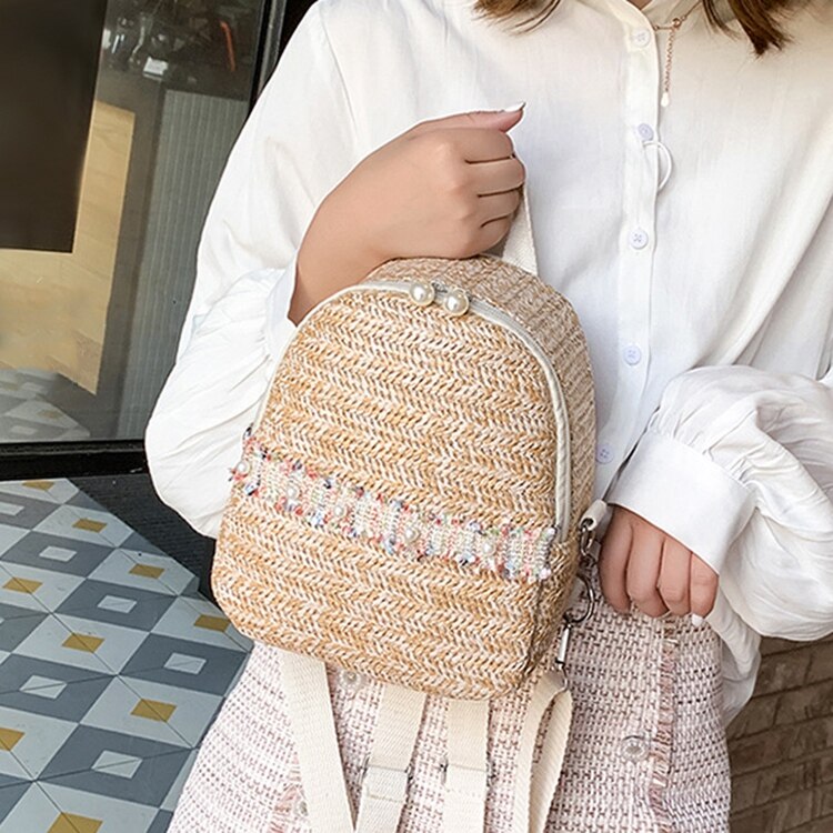 Straw Backpack Trendy Fashion Anti-Theft Small Backpack Women Fashion Mini Shoulder Bags Female Pearl - ebowsos