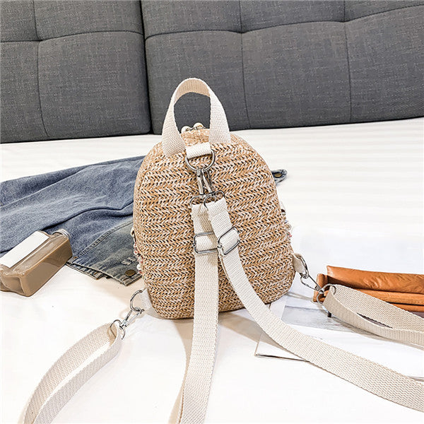 Straw Backpack Trendy Fashion Anti-Theft Small Backpack Women Fashion Mini Shoulder Bags Female Pearl - ebowsos