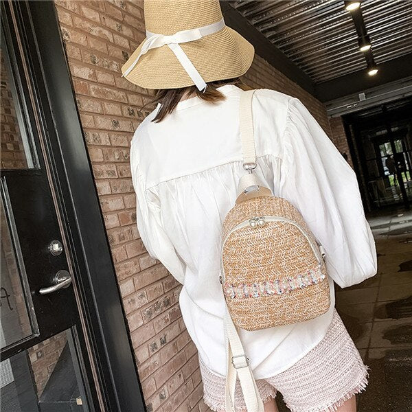 Straw Backpack Trendy Fashion Anti-Theft Small Backpack Women Fashion Mini Shoulder Bags Female Pearl - ebowsos