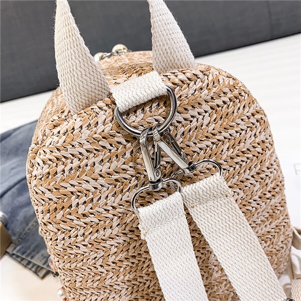 Straw Backpack Trendy Fashion Anti-Theft Small Backpack Women Fashion Mini Shoulder Bags Female Pearl - ebowsos