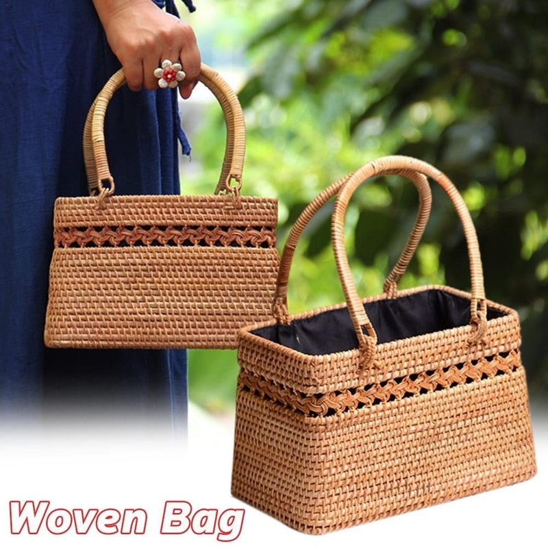 Straw Bag For Women Handmade Tote Bag Natural Chic Handbag With Wood Handle Large Basket For Beach Outdoor Bohemia Style - ebowsos