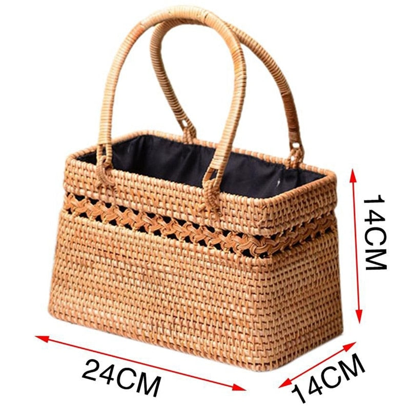 Straw Bag For Women Handmade Tote Bag Natural Chic Handbag With Wood Handle Large Basket For Beach Outdoor Bohemia Style - ebowsos