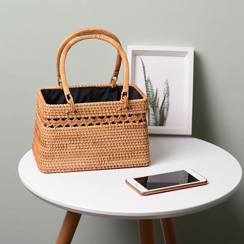 Straw Bag For Women Handmade Tote Bag Natural Chic Handbag With Wood Handle Large Basket For Beach Outdoor Bohemia Style - ebowsos