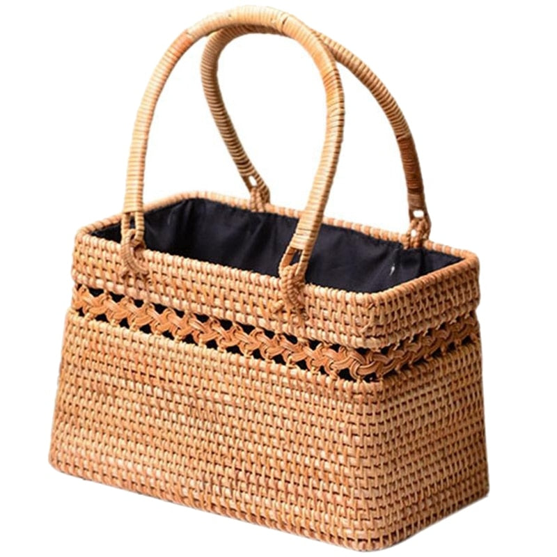 Straw Bag For Women Handmade Tote Bag Natural Chic Handbag With Wood Handle Large Basket For Beach Outdoor Bohemia Style - ebowsos