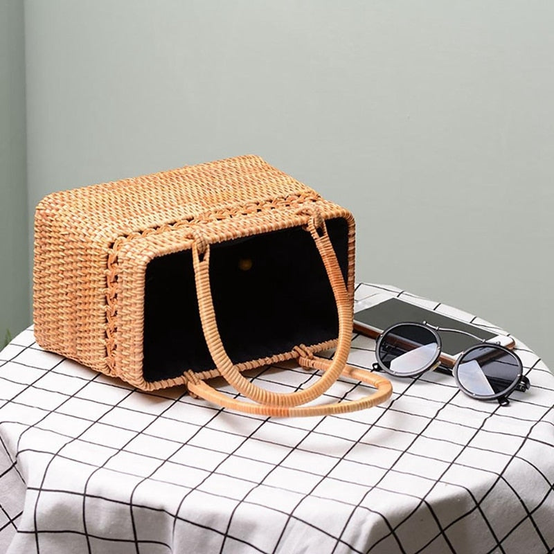 Straw Bag For Women Handmade Tote Bag Natural Chic Handbag With Wood Handle Large Basket For Beach Outdoor Bohemia Style - ebowsos