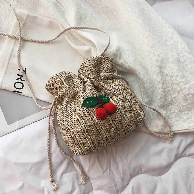 Straw Bag Ladies Beach Bag Personality Messenger Bag Drawstring Cherry Lady Retro Hand-Woven Fashion Shoulder Bag - ebowsos