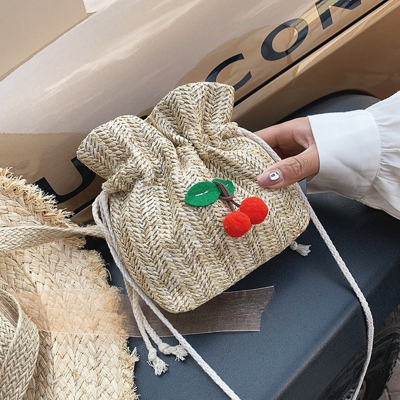 Straw Bag Ladies Beach Bag Personality Messenger Bag Drawstring Cherry Lady Retro Hand-Woven Fashion Shoulder Bag - ebowsos