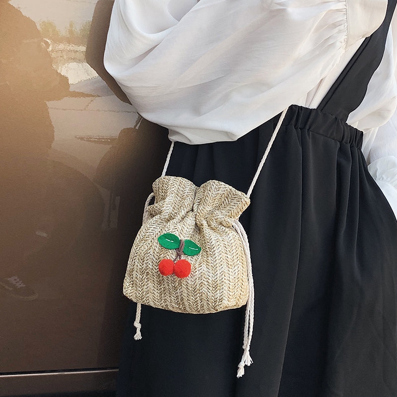 Straw Bag Ladies Beach Bag Personality Messenger Bag Drawstring Cherry Lady Retro Hand-Woven Fashion Shoulder Bag - ebowsos