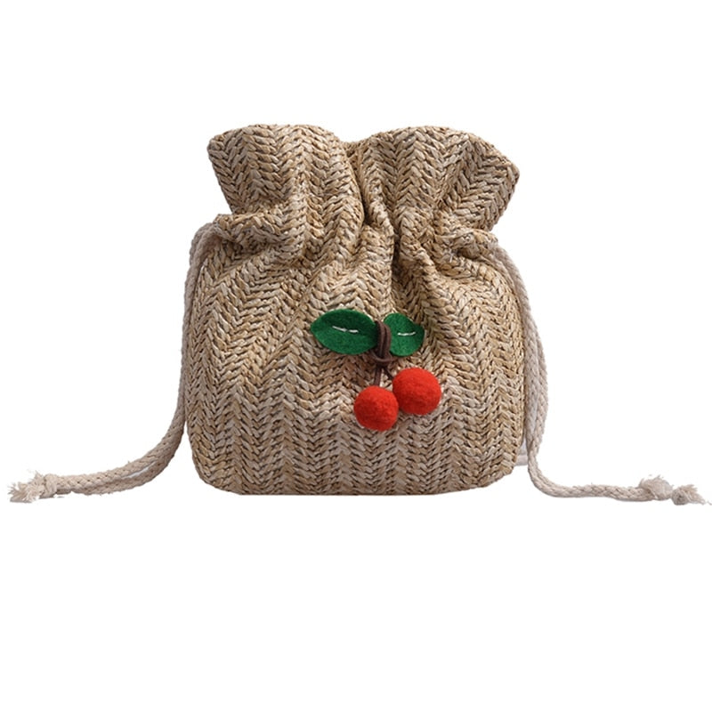 Straw Bag Ladies Beach Bag Personality Messenger Bag Drawstring Cherry Lady Retro Hand-Woven Fashion Shoulder Bag - ebowsos