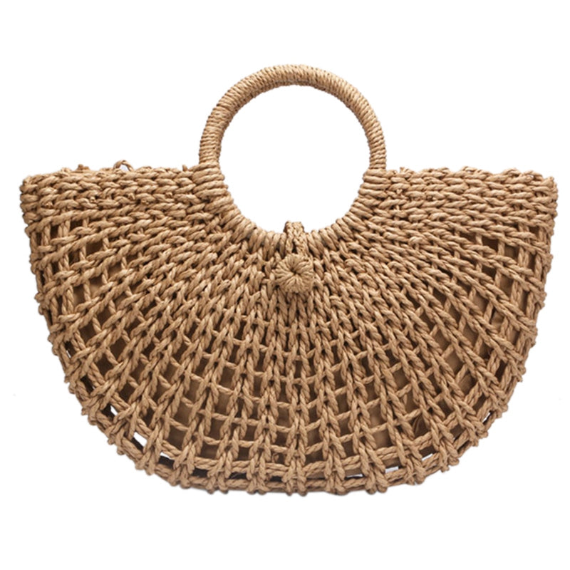 Straw Bag Paper Rope Round Bucket Hollow Woven Bag Retro Casual Belt Buckle Hand Bag - ebowsos