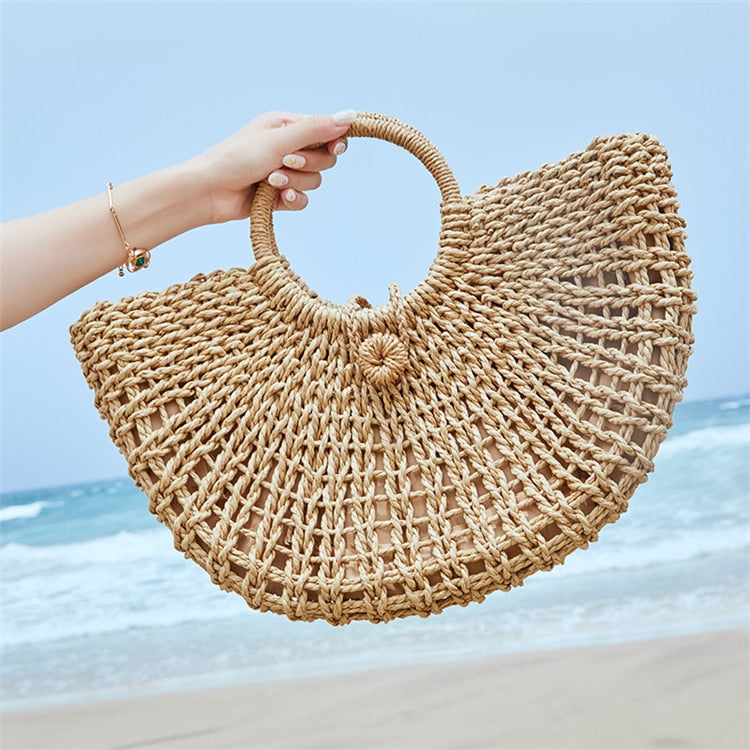 Straw Bag Paper Rope Round Bucket Hollow Woven Bag Retro Casual Belt Buckle Hand Bag - ebowsos