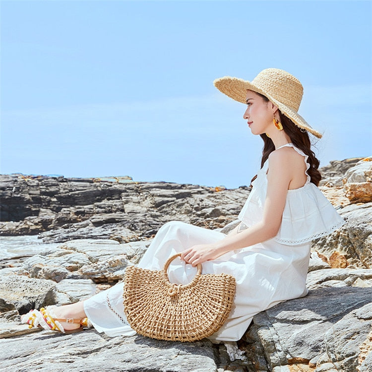 Straw Bag Paper Rope Round Bucket Hollow Woven Bag Retro Casual Belt Buckle Hand Bag - ebowsos