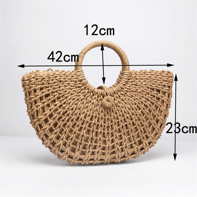 Straw Bag Paper Rope Round Bucket Hollow Woven Bag Retro Casual Belt Buckle Hand Bag - ebowsos