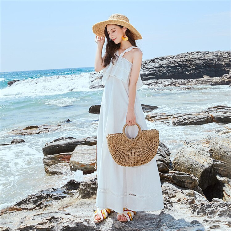 Straw Bag Paper Rope Round Bucket Hollow Woven Bag Retro Casual Belt Buckle Hand Bag - ebowsos