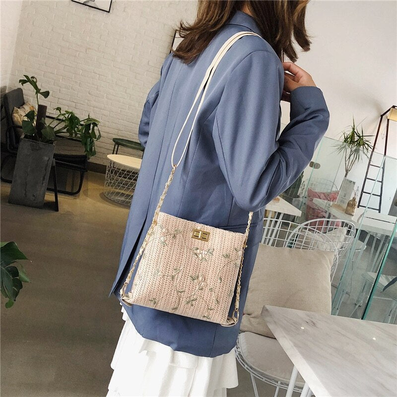 Straw Bags For Women Simple Straw Bag Lace Chain Messenger Bag Fashion Shoulder Bag - ebowsos