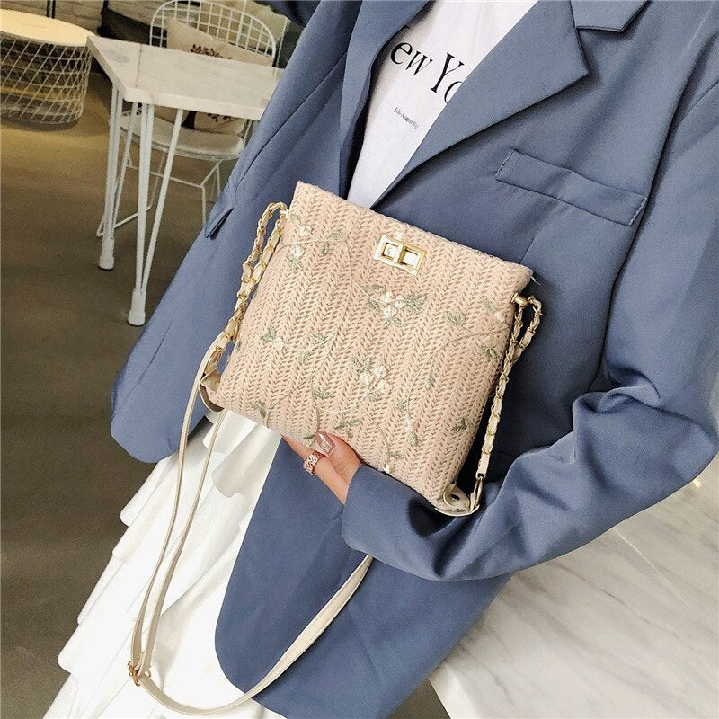 Straw Bags For Women Simple Straw Bag Lace Chain Messenger Bag Fashion Shoulder Bag - ebowsos