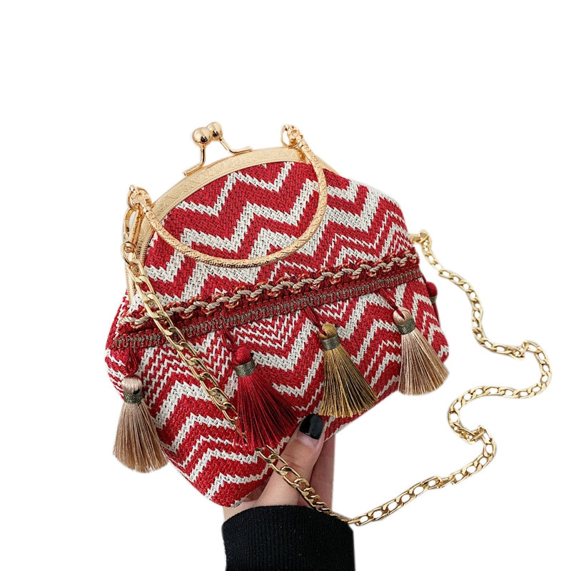 Straw Bags Women Summer Rattan Bag Hand-Woven Beach Tassel Chain Shoulder Messenger Bag - ebowsos