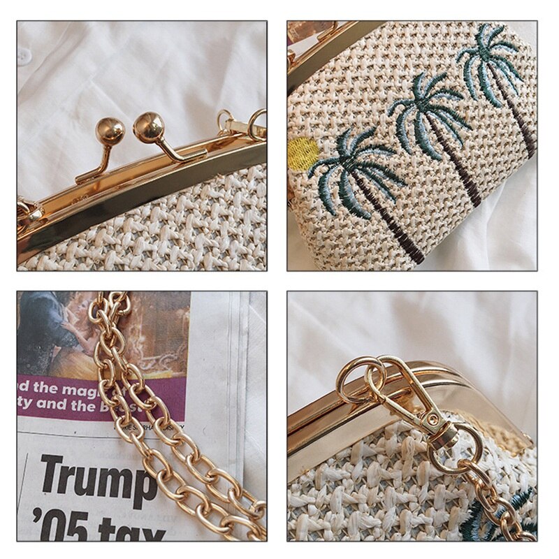 Straw Beach Woven Embroidered Clutch Women Bag Chain Shell Frame Small Handbag Knitting Shoulder Crossbody Messenger Bag - ebowsos