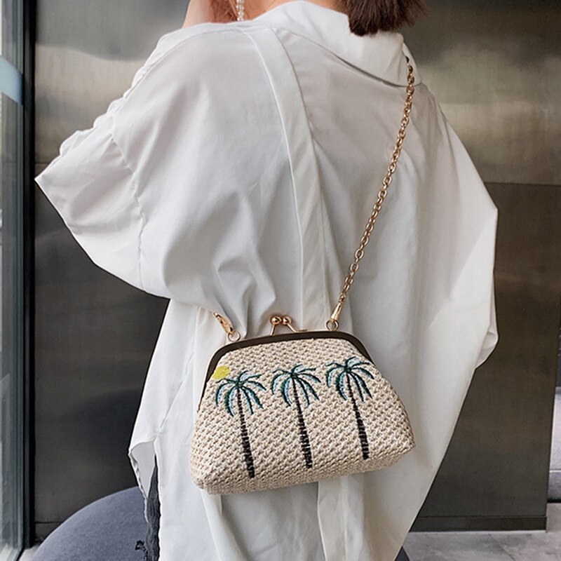 Straw Beach Woven Embroidered Clutch Women Bag Chain Shell Frame Small Handbag Knitting Shoulder Crossbody Messenger Bag - ebowsos