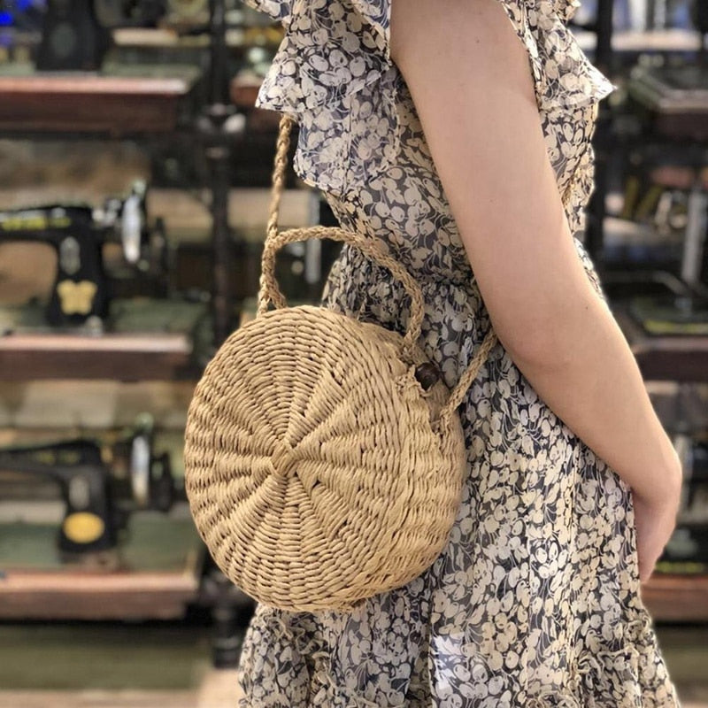 Straw Braided Round Rattan Bag Fashionable Natural Straw Hand-Woven Holiday Beach Single-Shoulder Bag For Women Ladies Ba - ebowsos