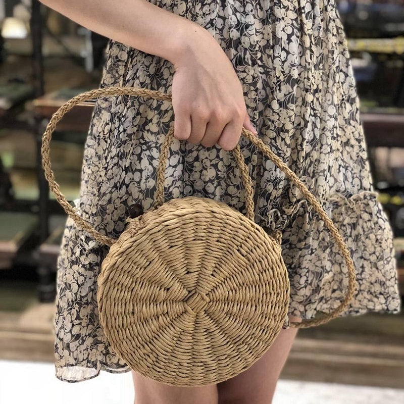 Straw Braided Round Rattan Bag Fashionable Natural Straw Hand-Woven Holiday Beach Single-Shoulder Bag For Women Ladies Ba - ebowsos