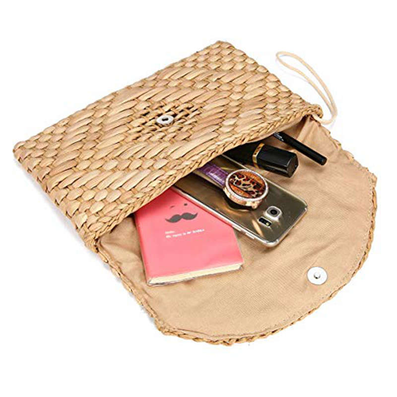 Straw Clutch Purse Women Wristlet Clutch Handbag Envelope Bag Large Wallet Summer Beach Bag - ebowsos