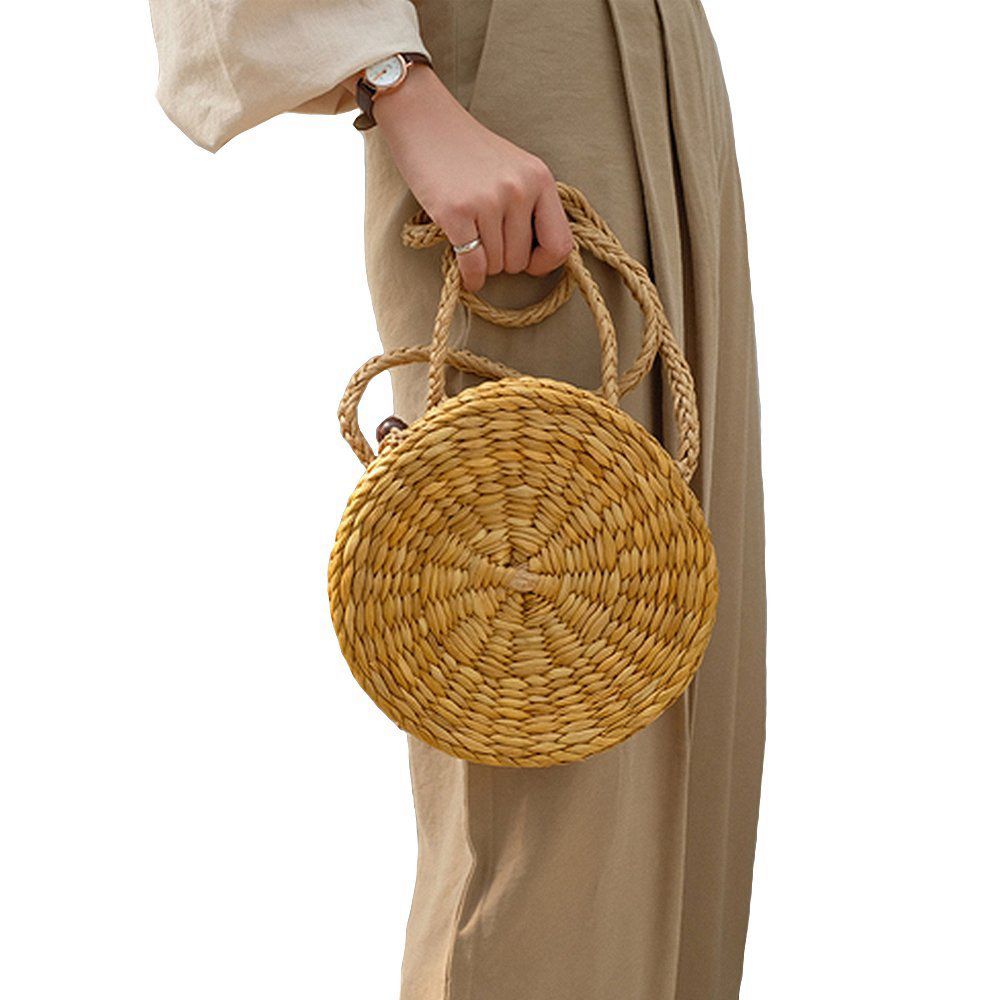 Straw Crossbody Bag Women Weave Messenger Bag Round Summer Beach Money Boxes and Handbags (Corn) - ebowsos