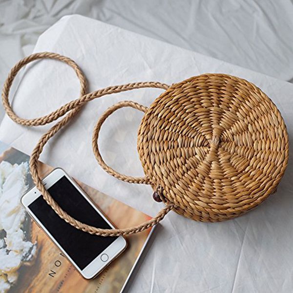 Straw Crossbody Bag Women Weave Messenger Bag Round Summer Beach Money Boxes and Handbags (Corn) - ebowsos