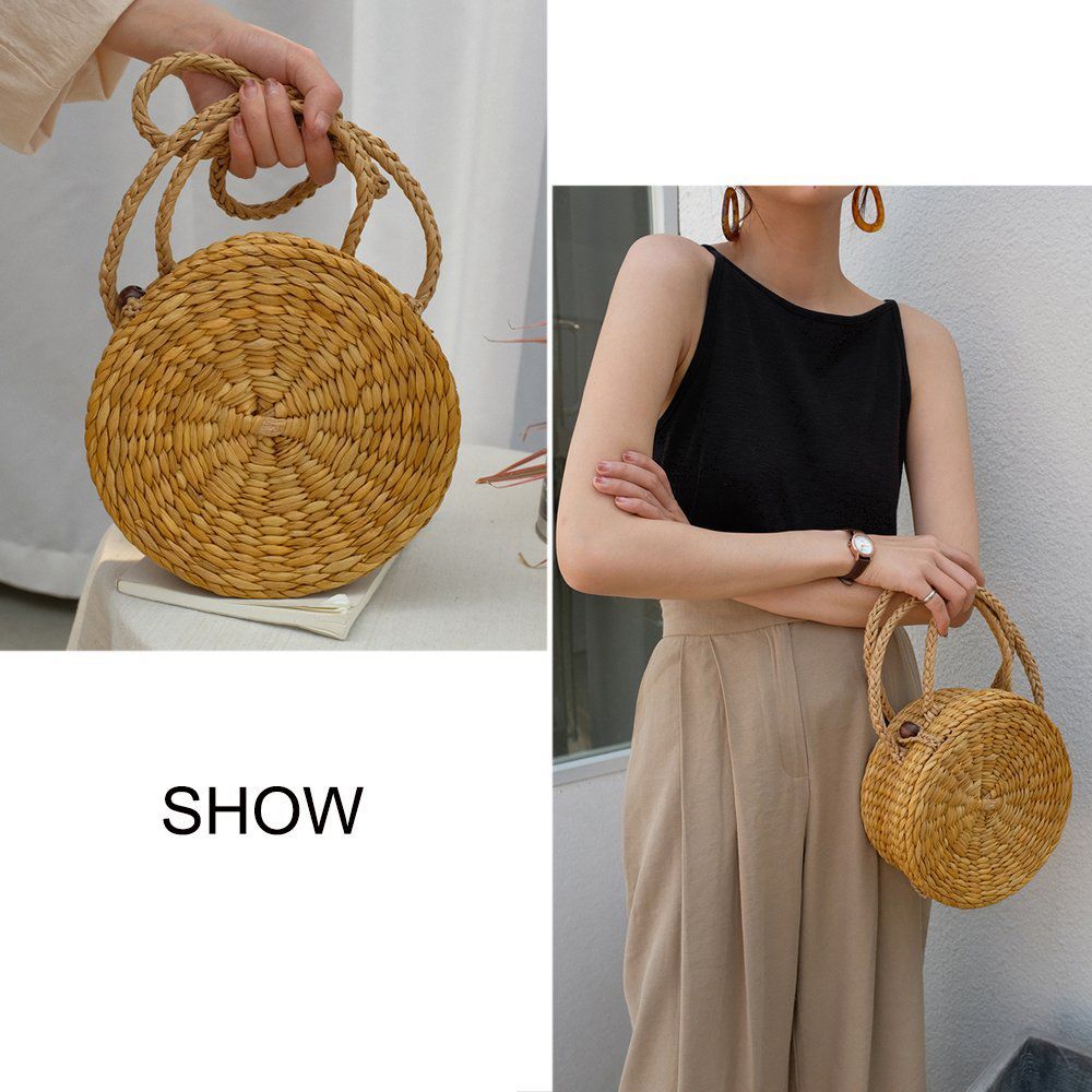 Straw Crossbody Bag Women Weave Messenger Bag Round Summer Beach Money Boxes and Handbags (Corn) - ebowsos