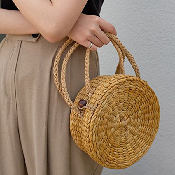 Straw Crossbody Bag Women Weave Messenger Bag Round Summer Beach Money Boxes and Handbags (Corn) - ebowsos