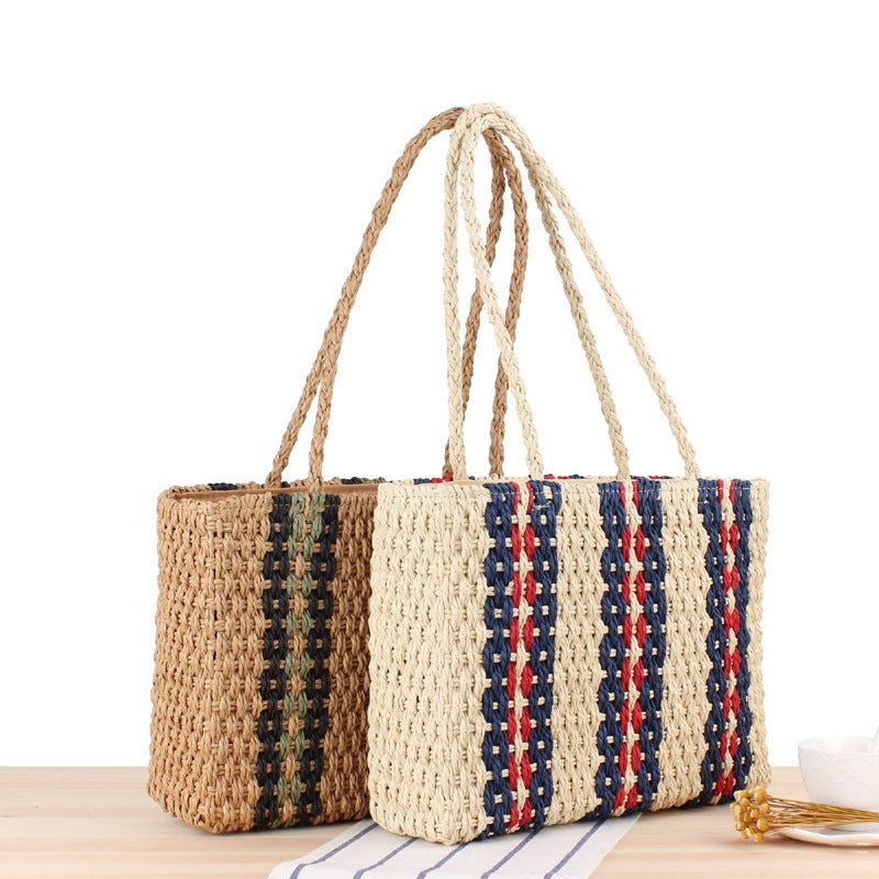 Straw Handbags Rattan Beach Bag Vertical Striped Shoulder Woven Bag Fashion Handbag Summer Vacation Pat Beach Woven Bag - ebowsos