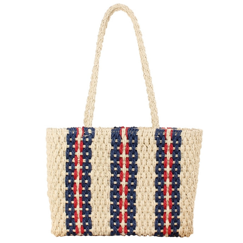 Straw Handbags Rattan Beach Bag Vertical Striped Shoulder Woven Bag Fashion Handbag Summer Vacation Pat Beach Woven Bag - ebowsos