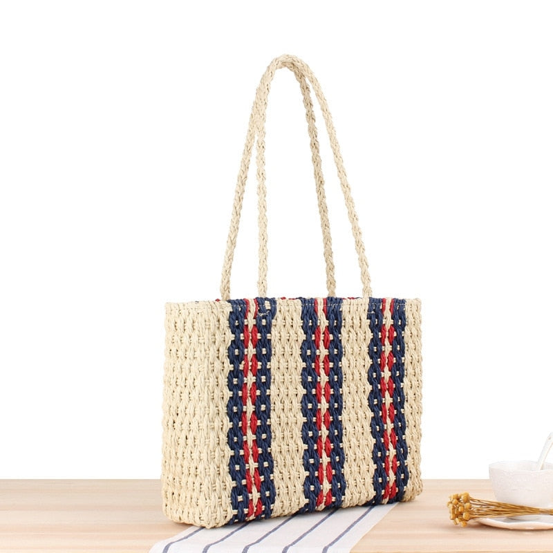 Straw Handbags Rattan Beach Bag Vertical Striped Shoulder Woven Bag Fashion Handbag Summer Vacation Pat Beach Woven Bag - ebowsos