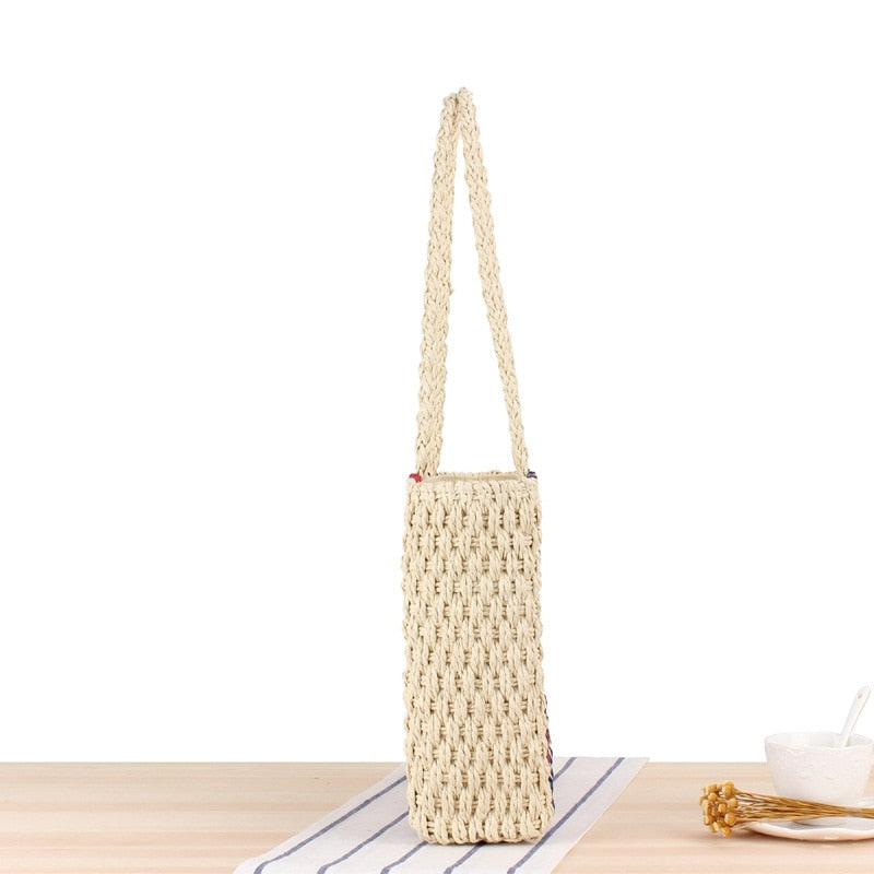 Straw Handbags Rattan Beach Bag Vertical Striped Shoulder Woven Bag Fashion Handbag Summer Vacation Pat Beach Woven Bag - ebowsos