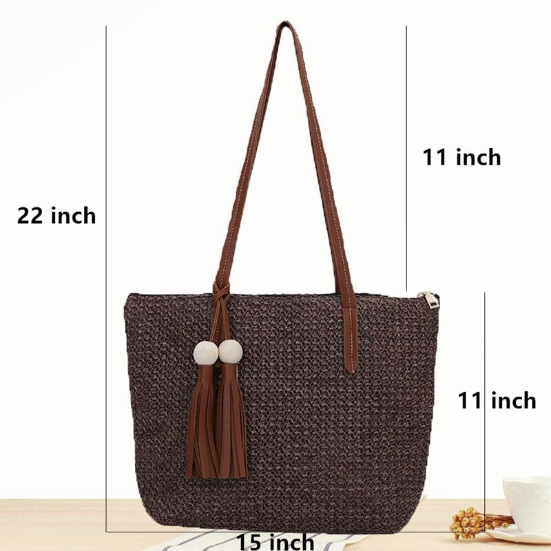 Straw Handbags Women Handwoven Round Corn Straw Bags Natural Chic Hand Large Summer Beach Tote Woven Handle Shoulder Bag - ebowsos