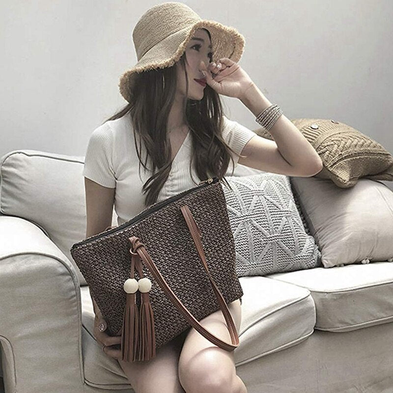 Straw Handbags Women Handwoven Round Corn Straw Bags Natural Chic Hand Large Summer Beach Tote Woven Handle Shoulder Bag - ebowsos